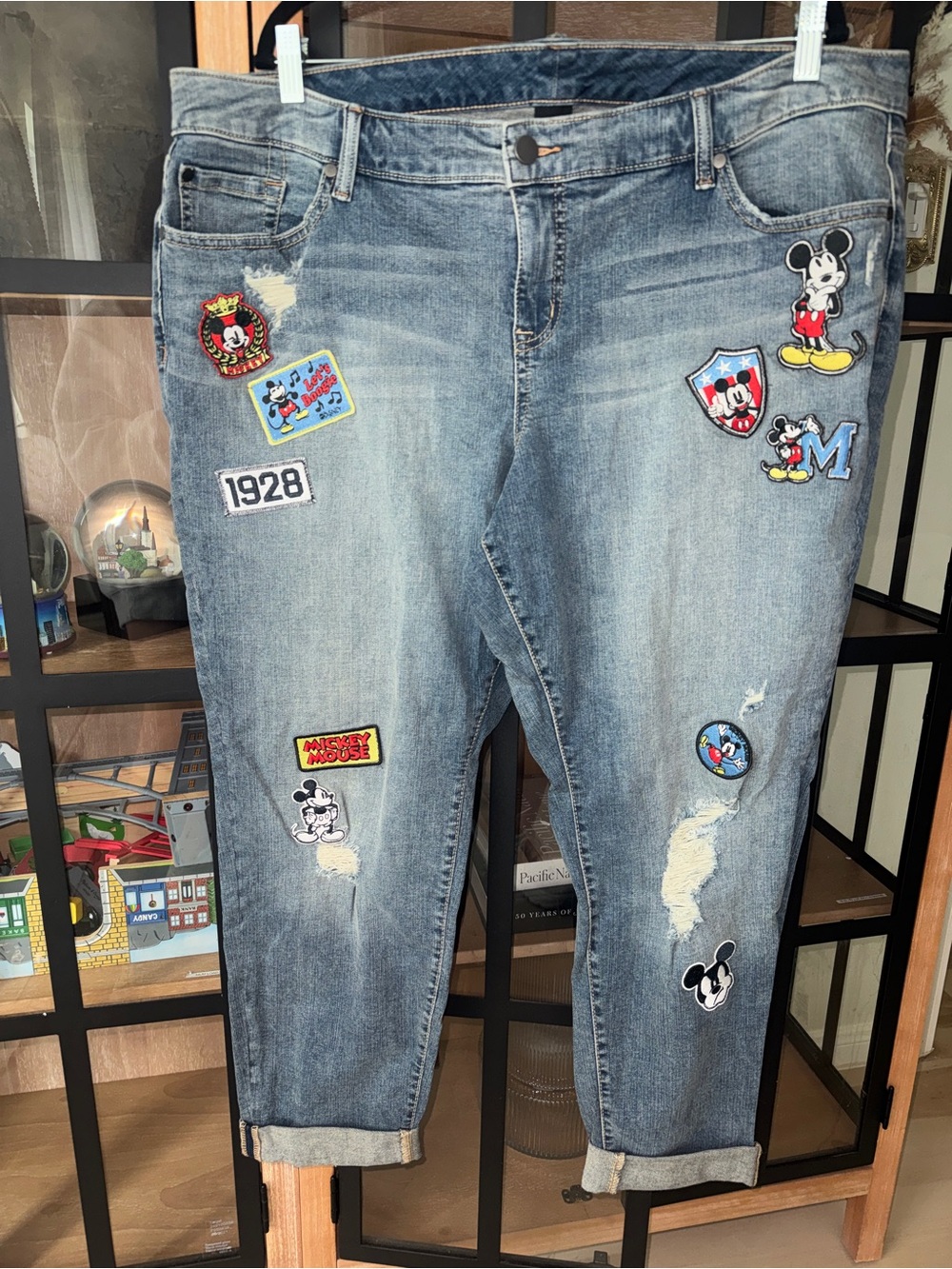 Disney Mickey Mouse Boyfriend Jeans Vintage patches Stretch light Wash plus size